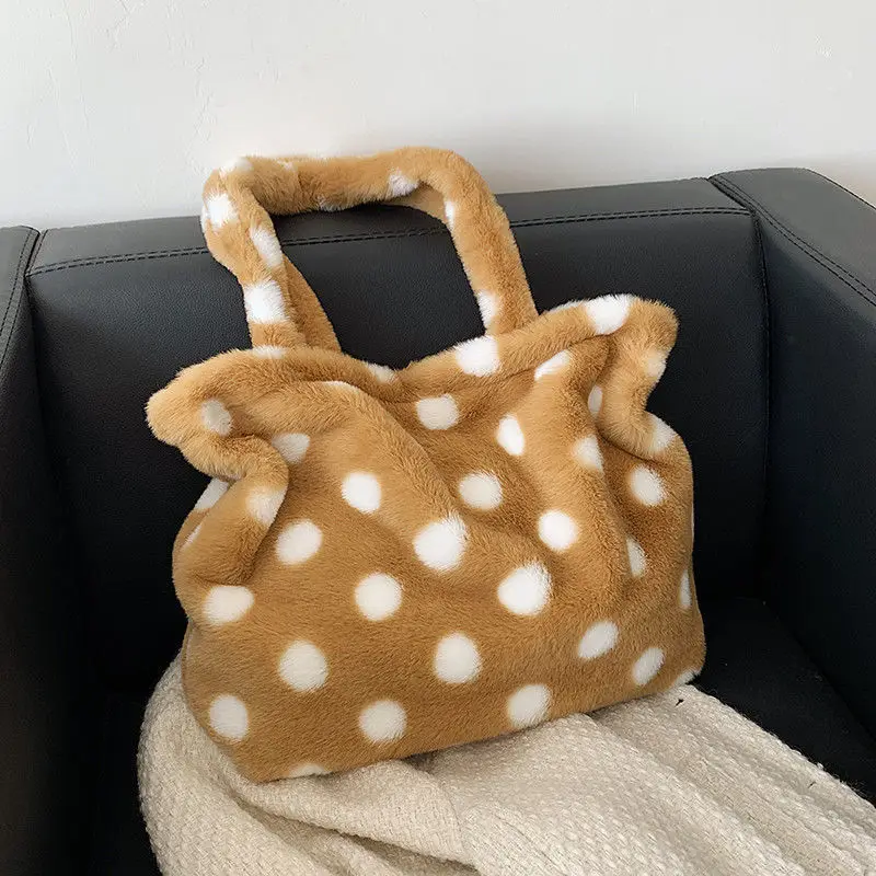 

Fashion Dot Women Furry Shoulder Bags Simple Design Ladies Soft Plush Casual Tote Bag Winter Female Large Capacity Purse Handbag