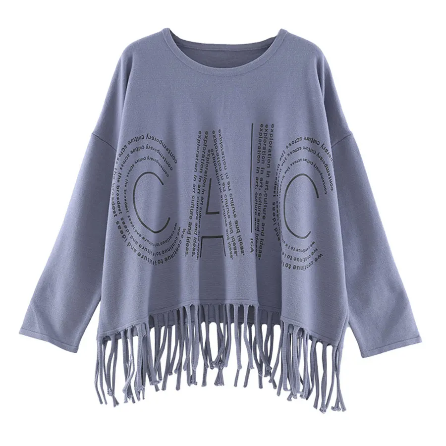 Женский однотонный вязаный свитер с круглым вырезом и кисточками 2019 осень зима