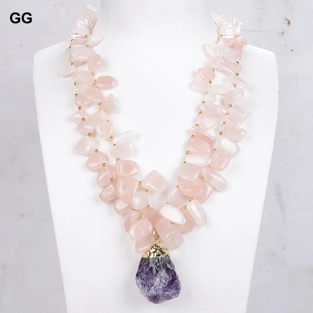 GG Jewelry Natural Rose Quartzs Gems Stone Geode Purple Amethysts Pendant Necklace For Women