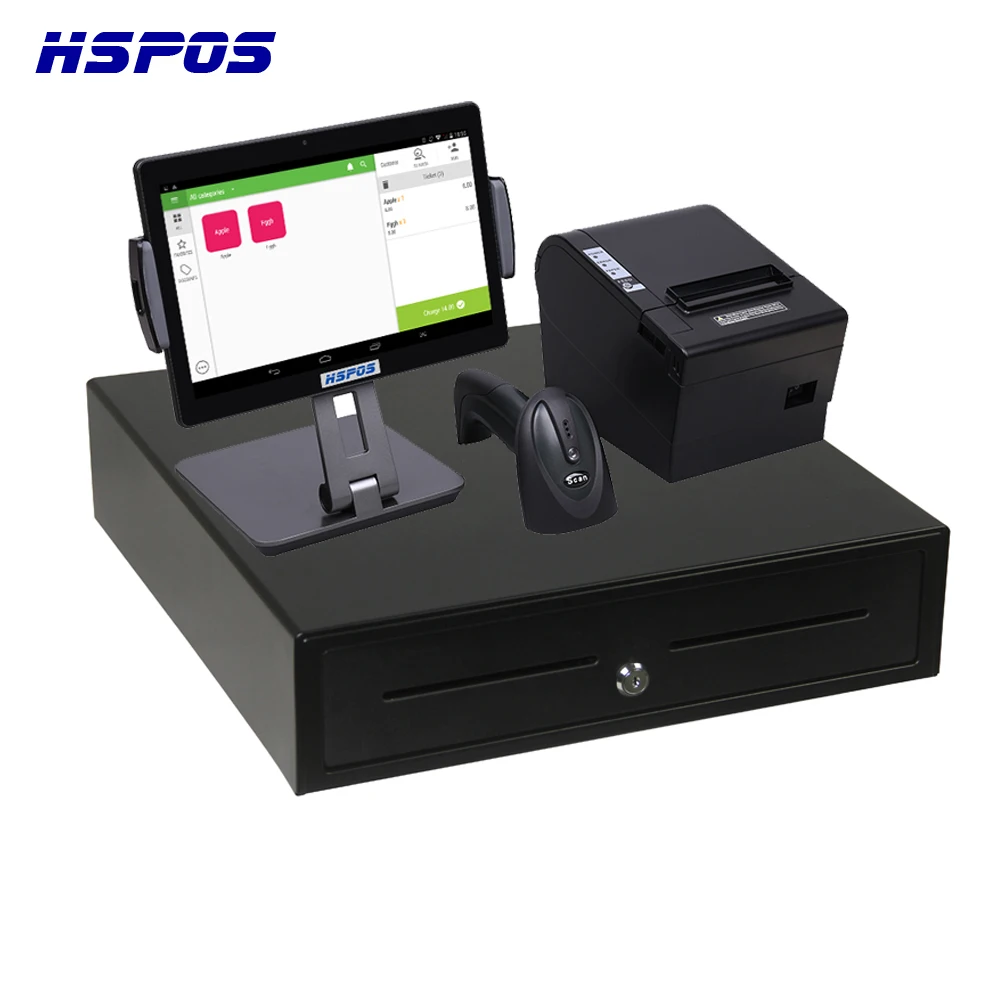 

HSPOS 10inch Cash Register Android Pos System Restaurant Ordering Pos with 80mm Thermal Printer BT Scanner and Cash Box HS-ST01D