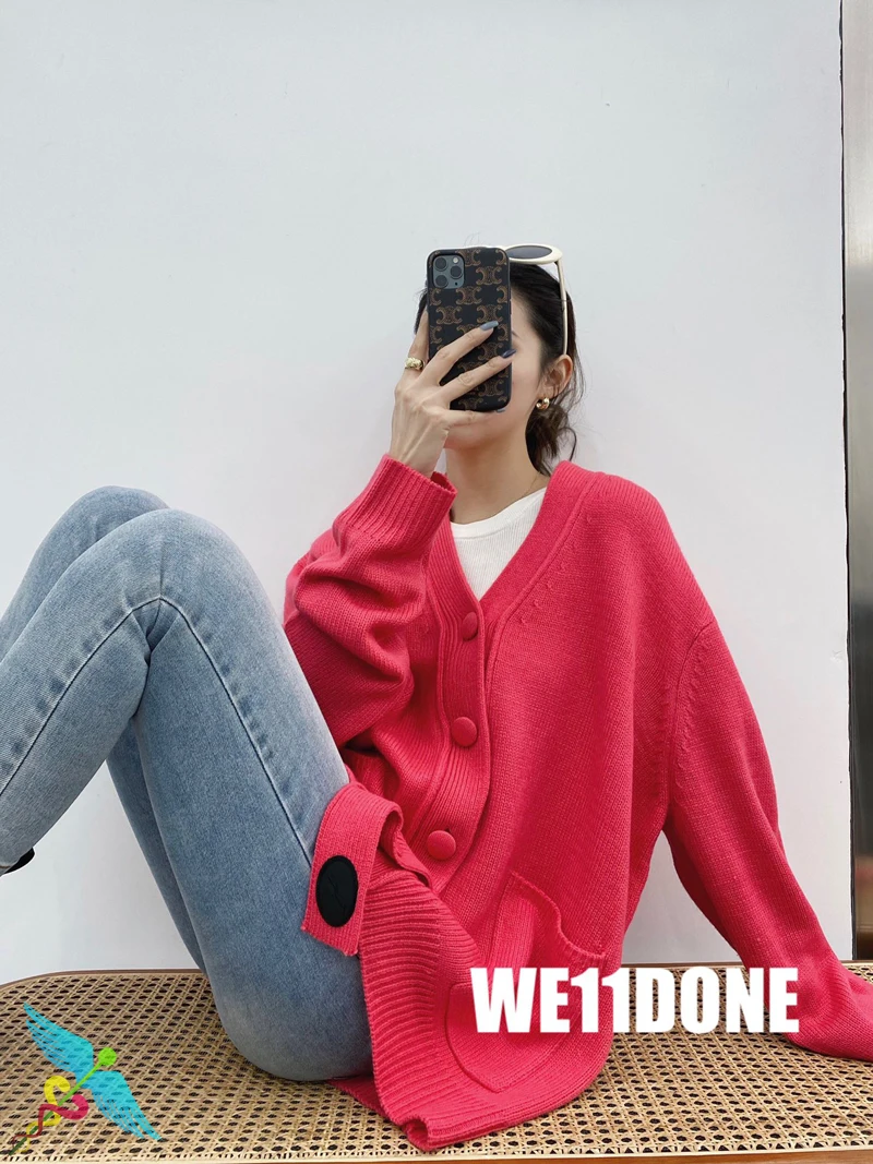 

WELLDONE Cute Women Fashion Trend Pocket Decoration Pure Color Casual Wool V-Neck We11done Aesthetic Cardigan Sweater