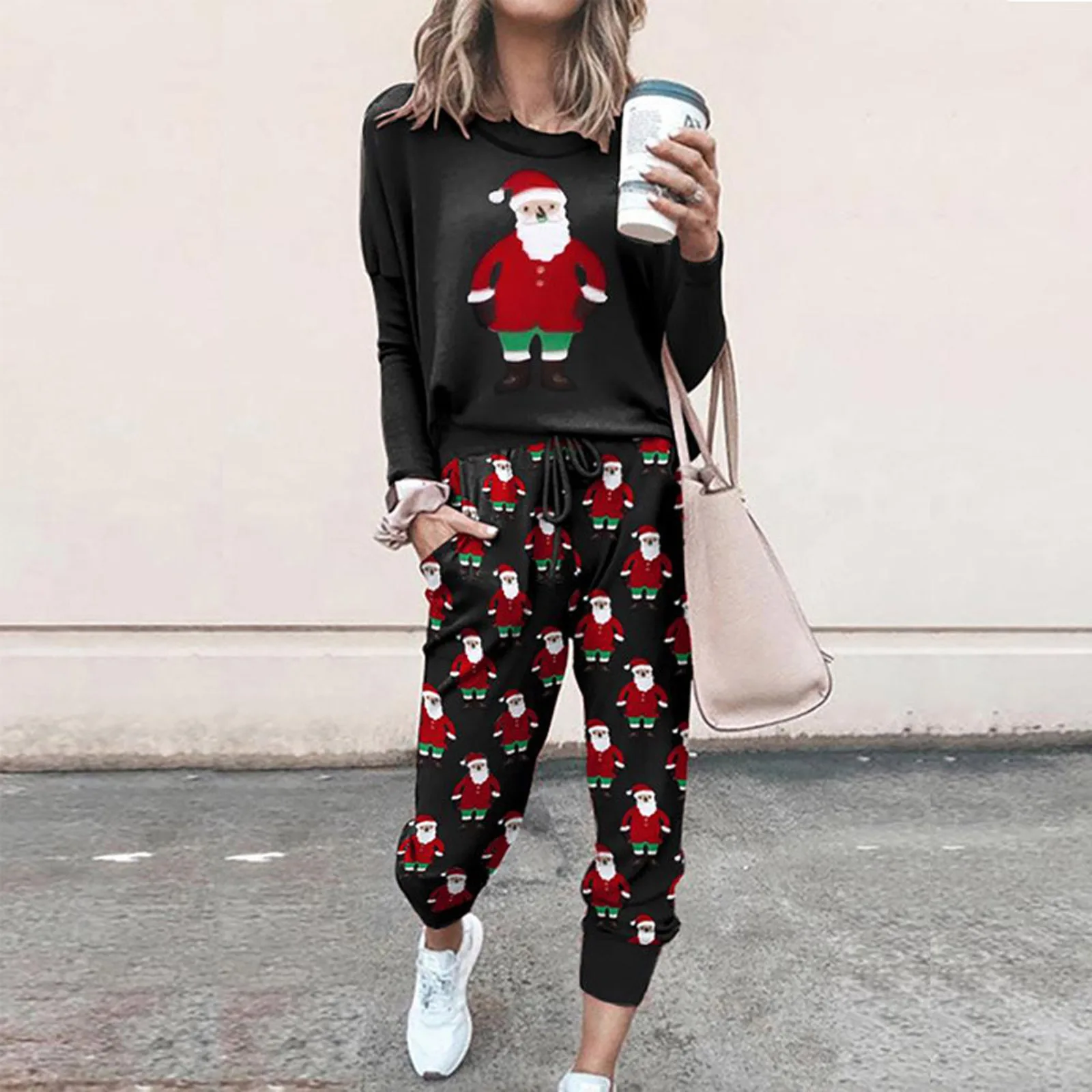 

2021 popular autumn and winter new cross border European and American women's home loose Christmas printing leisure suit