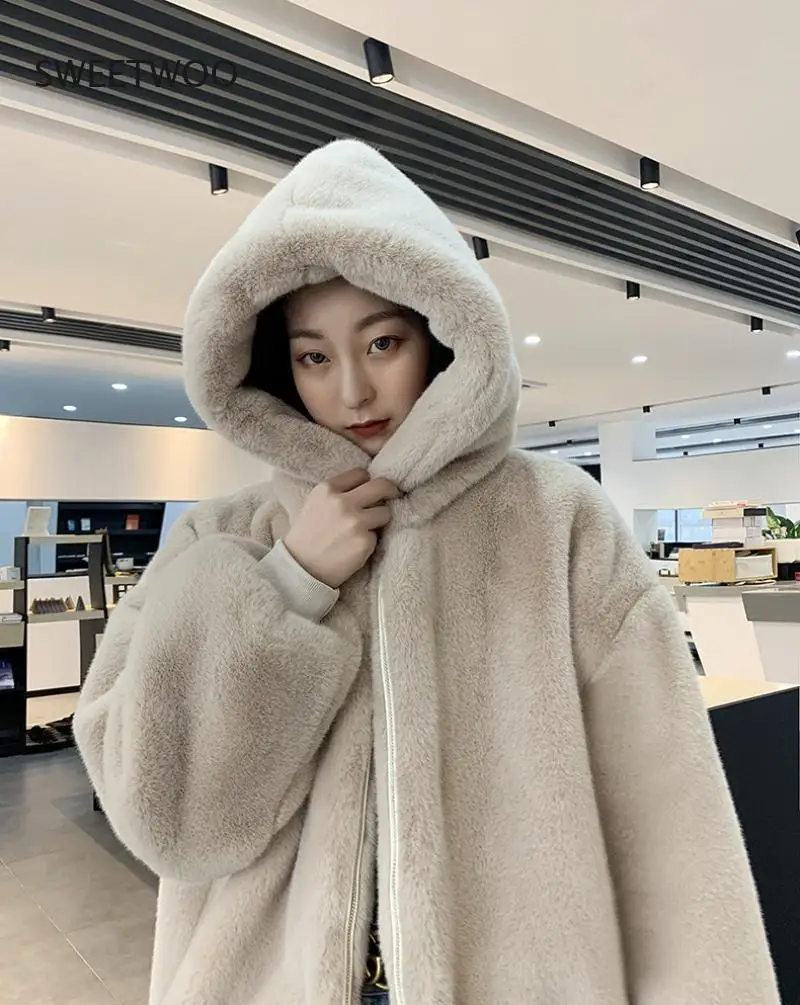 Fashion Plush Coat Women's Winter Imitation Rabbit Fur Grass Loose Medium Length 2021 New Hooded Thickened Coat