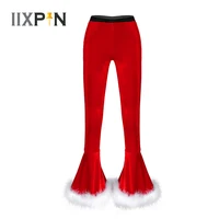 women christmas costume red velvet faux fur adorned flared pants bell bottoms trousers for christmas cosplay party dress up