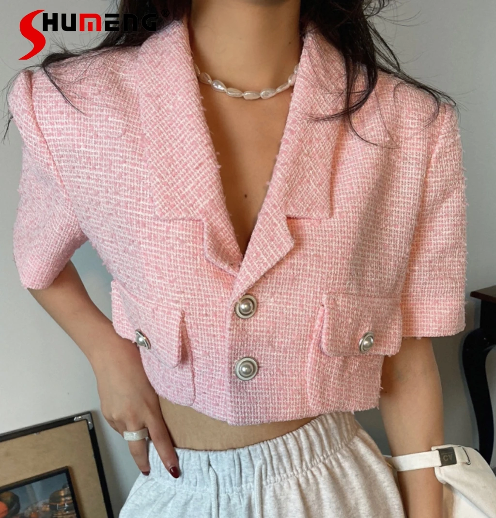 

Женский укороченный блейзер с карманами, розовый короткий винтажный пиджак с коротким рукавом, верхняя одежда желтого цвета, лето 2021