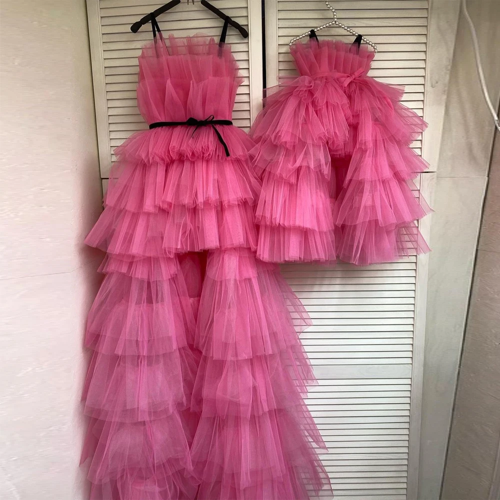 The Latest Multilayer Rose Red Mother Daughter Matching Dress for Photoshoot or Party Open Front Lace-up Back Evening Prom Gown