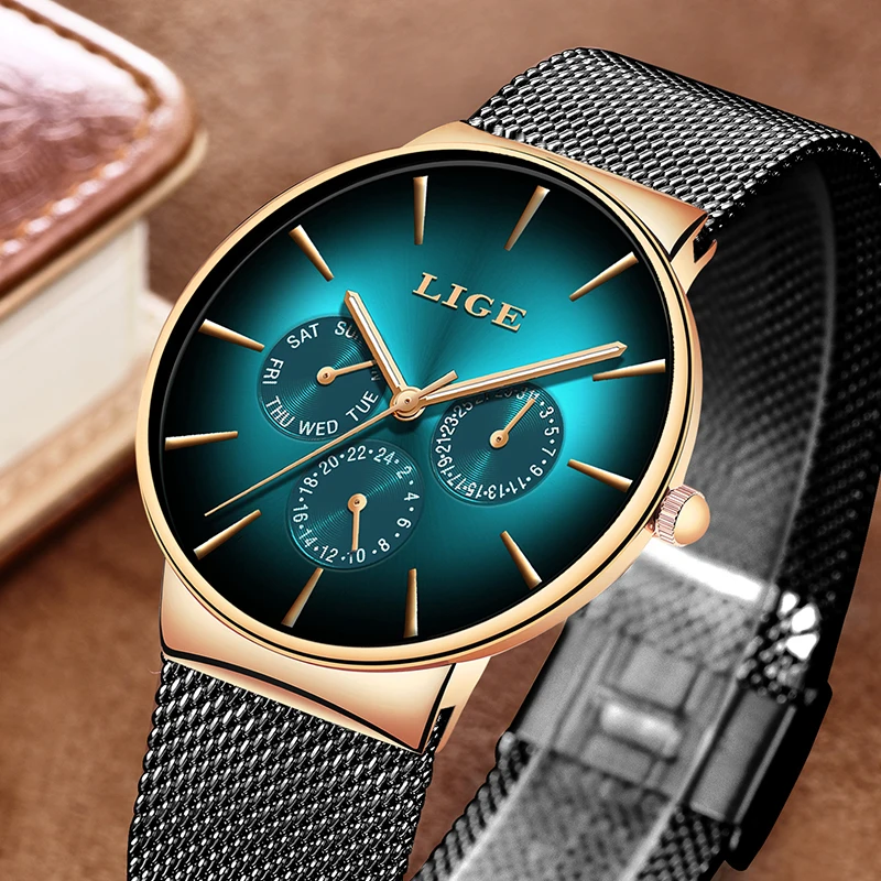 Часы наручные LIGE мужские с сетчатым ремешком креативные брендовые люксовые