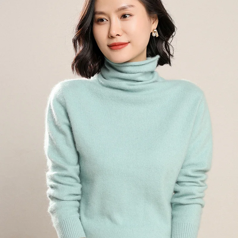 

New 100% Mink Cashmere High Collar Women Sweater Knit Pullovers Winter Women's Turtleneck Long-Sleeved Solid Color Warm Jumper