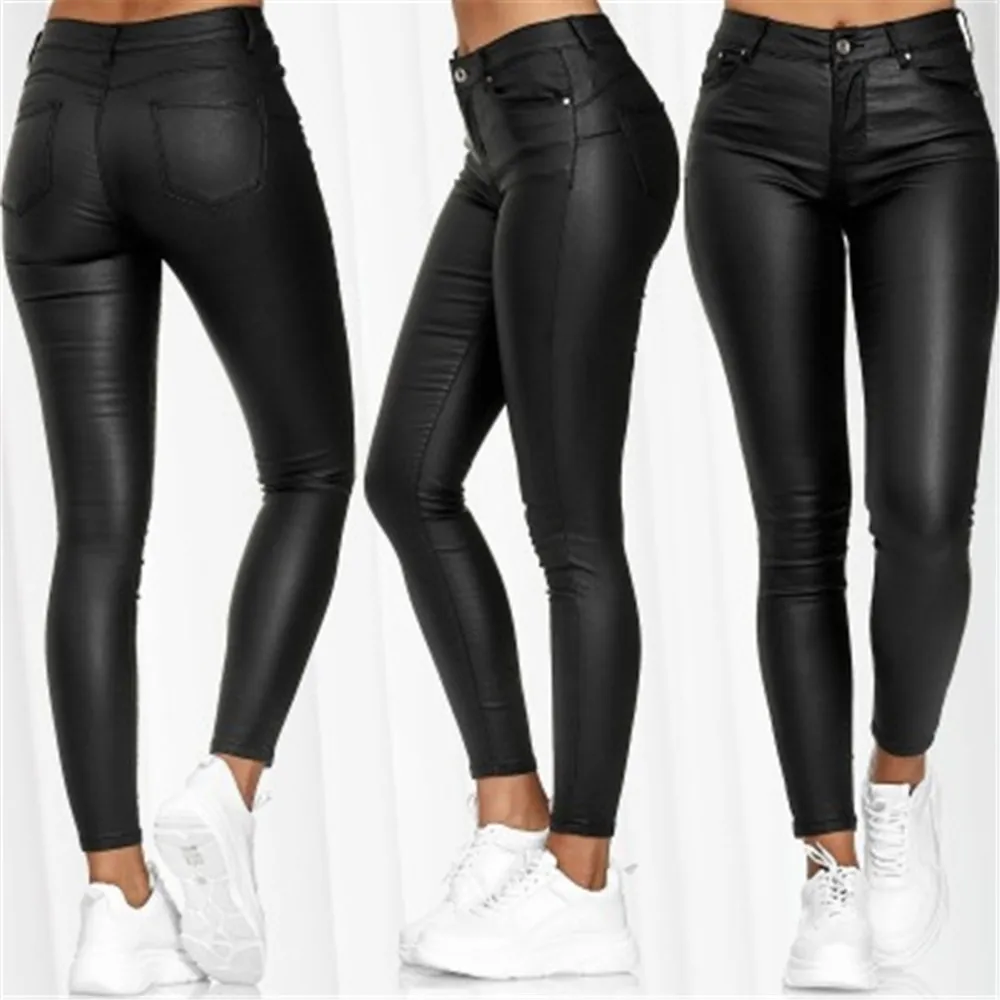 

Fashion Pure Color Leather Casual Pants Small Feet Pants Women Leather Pants Sexy Stretch Bodycon Trousers Leather Pants