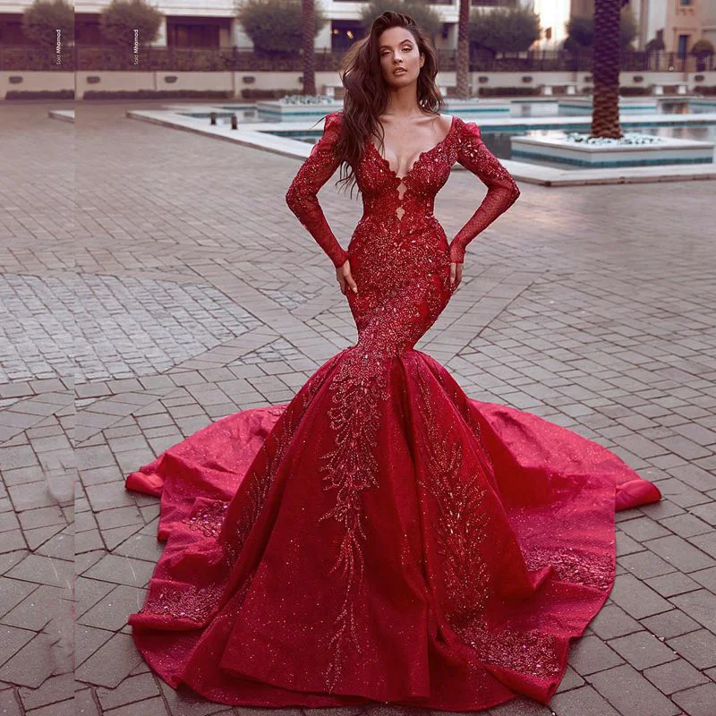 Сексуальное свадебное платье Русалка с длинным рукавом жемчужная аппликация