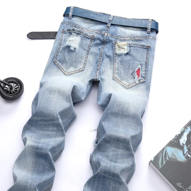 Trendy Crystal Stitch Color Jeans Men 2021 Ripped Black Stretch Jeans Pants Men Streetwear Big Size Men Skinny Pencil Pants