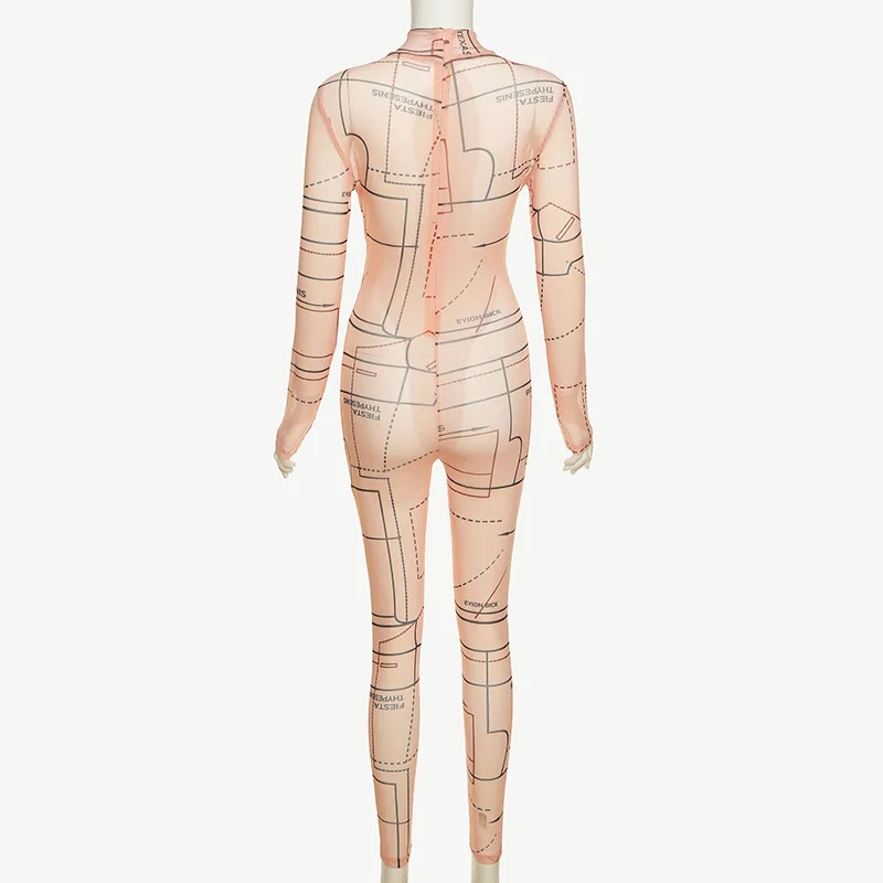 

2021 Spring And Summer Women's New Sexy Mesh See-through Printing Waist Tie Bodycon Jumpsuit Women Fashion Fried Street Jumpsuit