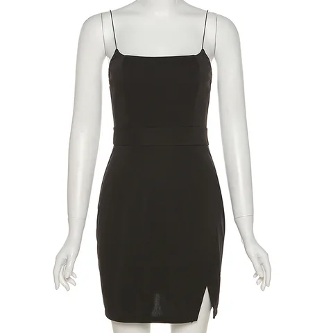 Черное сексуальное женское платье с открытой спиной, Новинка лета 2021, однотонное тонкое мини-платье на бретельках, вечернее платье с разрезом, элегантная женская кофта, Халат