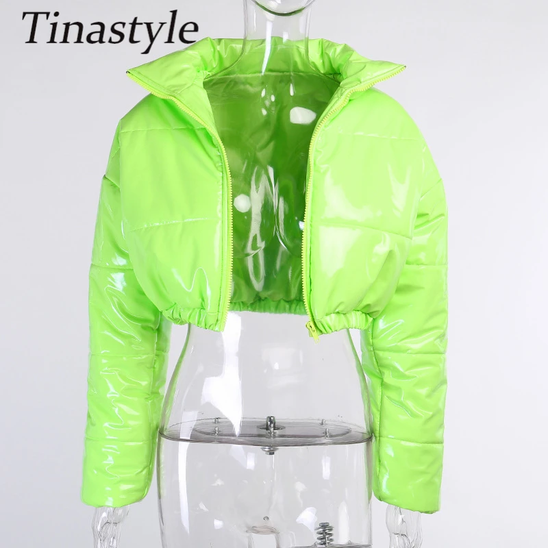 

Tinastyle PU Leather Cotton-Padded Jacket Women Long Sleeve Stand Collar Zipper Outwear Winter Warm Woman Clothing Casual Parkas