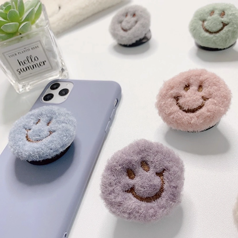 cute plush smiley foldable smartphone stand for iphone samsung xiaomi huawei griptok finger folding phone holder soporte celular free global shipping