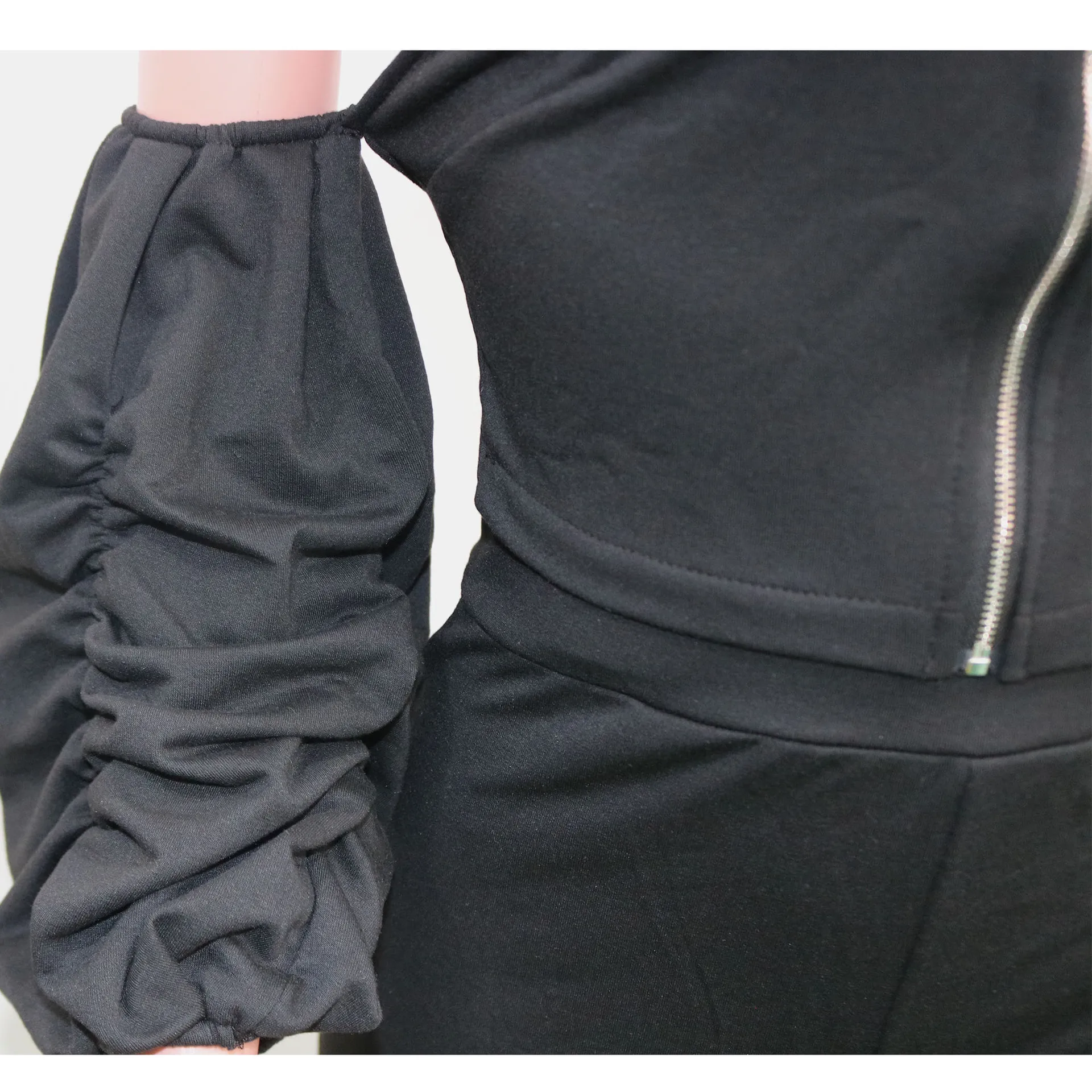 

Echoine Sexy Off Shoulder Zipper Puff Sleeve Backless Hooded Crop Top and Pleated Stacked Pants Two Piece Set Lace Up Outfits