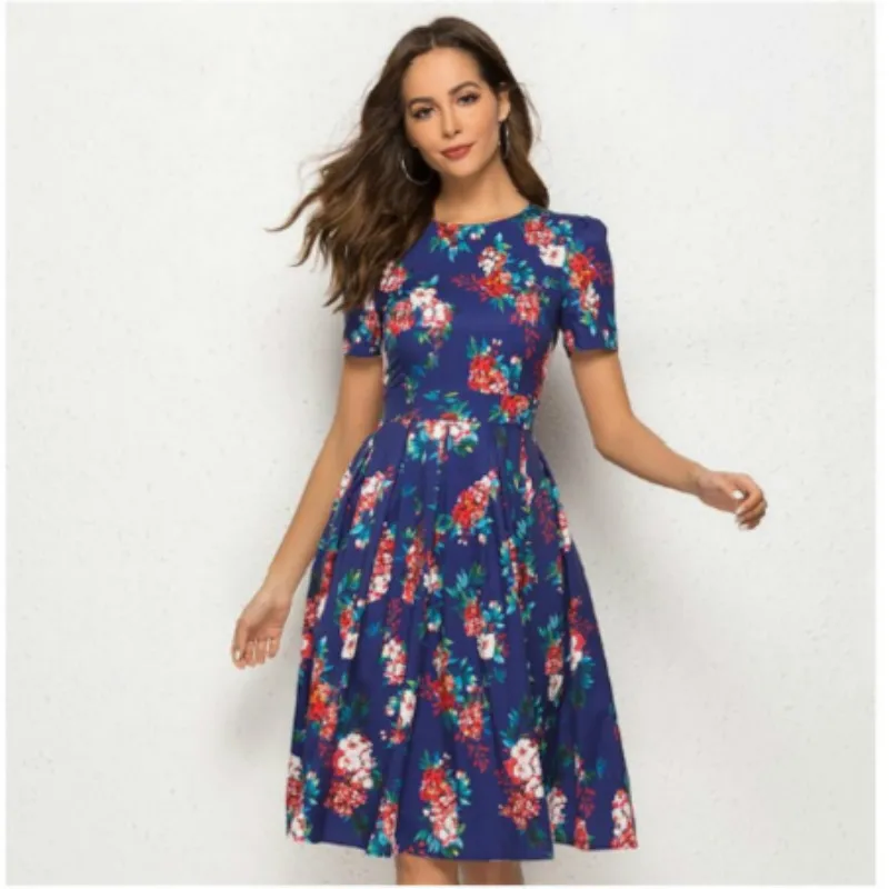 Винтажное женское платье миди с цветочным принтом весеннее элегантное коротким