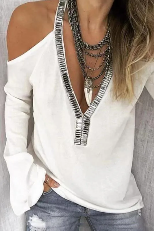 

Top Women's t-shirts spring and summer tra solid color casual sexy V-neck top harajukuv sequined long-sleeved woman tshirts 19