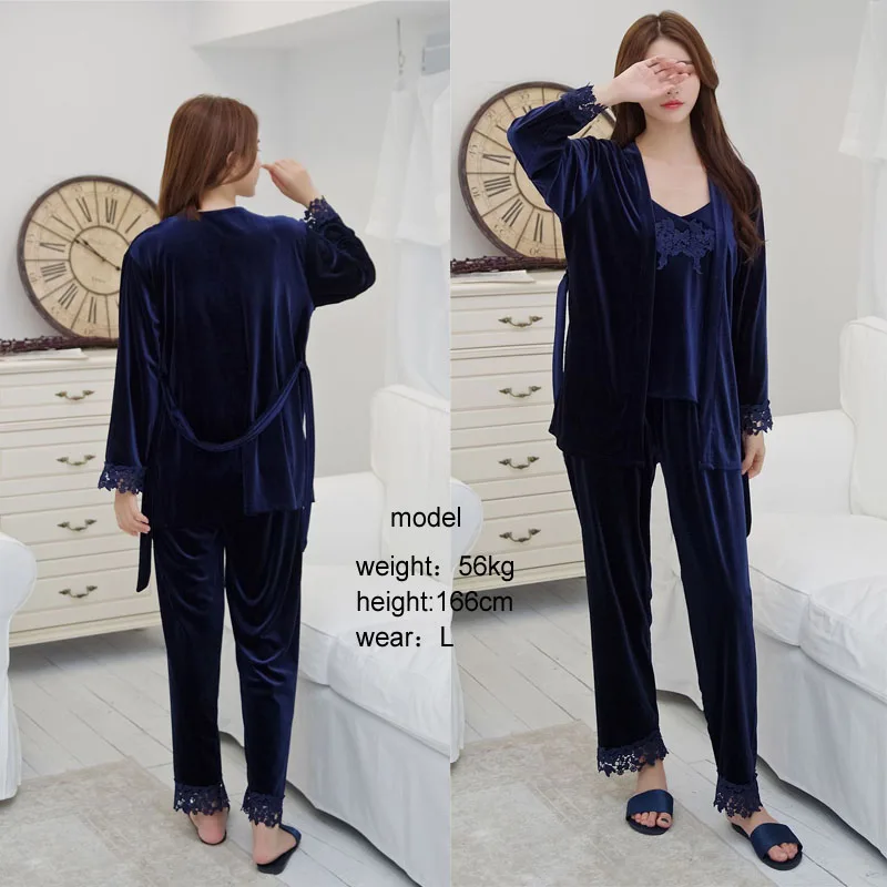 Новые золотые бархатные теплые зимние пижамы из 3 предметов, женский сексуальный кружевной халат, пижама, одежда для сна с длинным рукавом, домашняя одежда