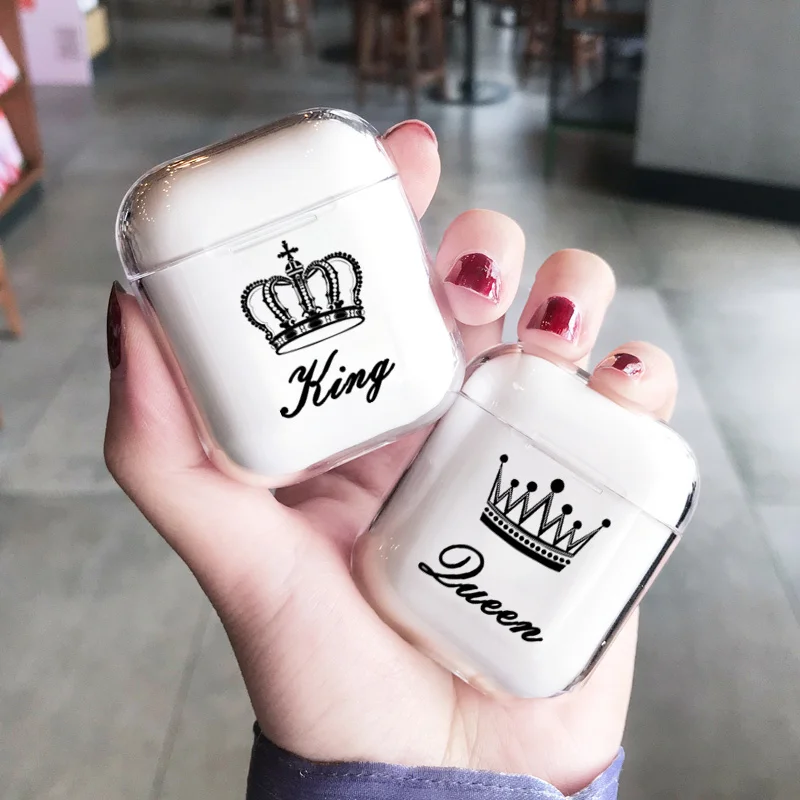 Милое воздушное стручки чехол для Apple airpods Чехол класса люкс King queen Корона Bluetooth наушники чехол для Airpods 2 прозрачный жесткий поликарбонатный чехол