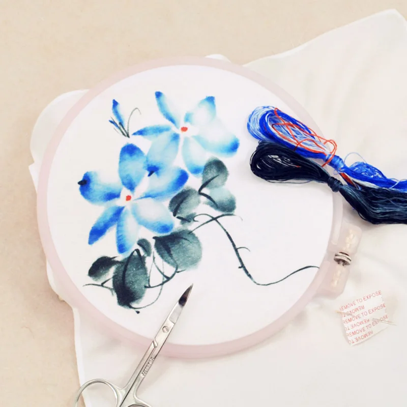 DIY Chinese Silk Suzhou Embroidery Kit with Hoop Flower Printed Pattern Needlework Handkerchief Handmade Sewing Art Craft | Дом и сад