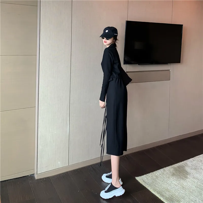 

Fashion Half High Neck Zipper Long Sleeve Casual Top + Sexy High Waist Split Mid-length Little Black Dress