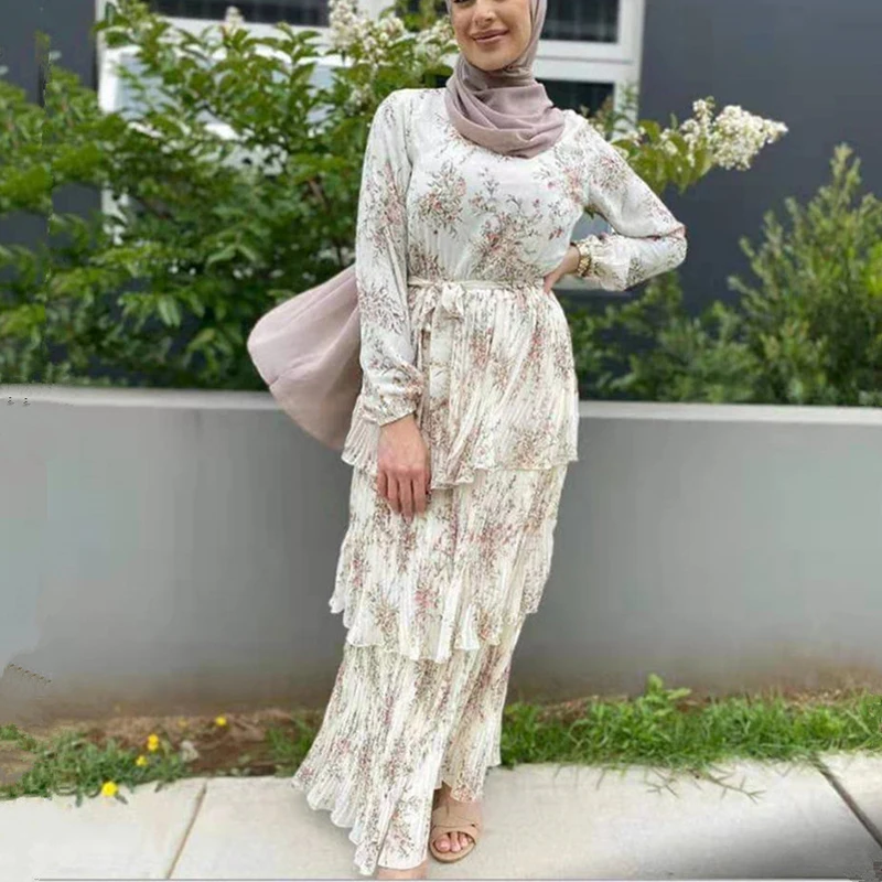 Плиссированное Многоярусное мусульманское хиджаб с оборками, абайя для женщин, модное летнее платье с поясом и V-образным вырезом, длинное п...