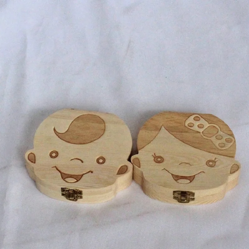 

Tooth Box Poland English dutch Spanish Russian French GermanText Baby Boy Girl Wood Case Save Milk Teeth Organizer Holder