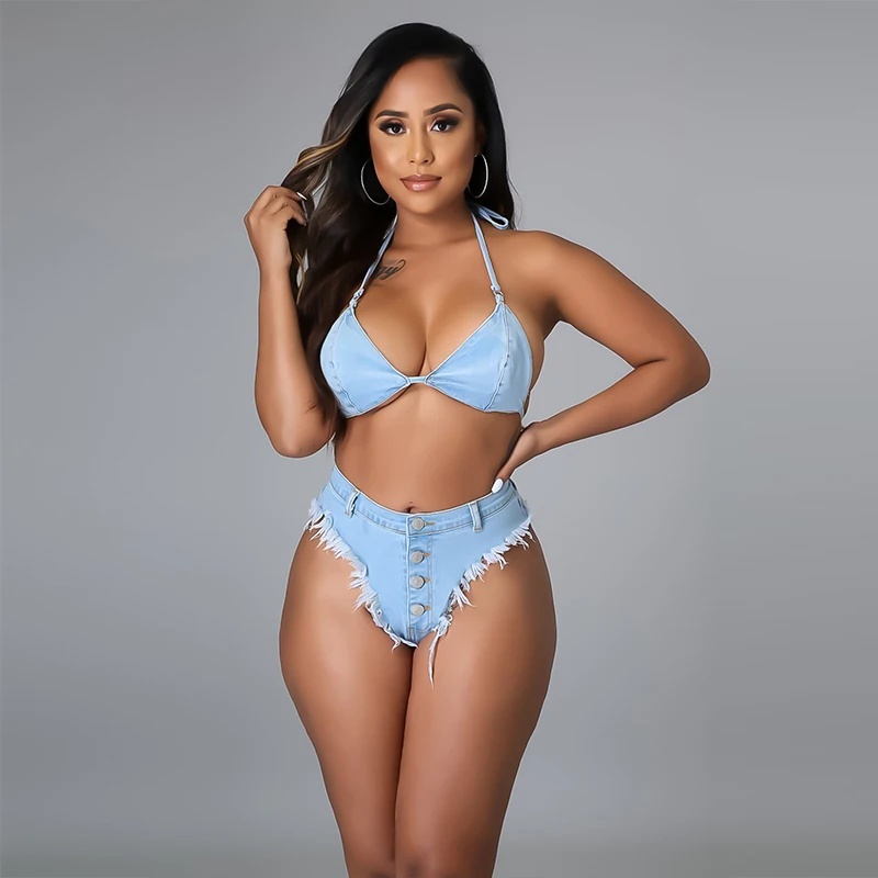 

Sexy Denim Two Piece Bikinis Set Halter Crop Top Tassel Shorts for Women Summer Beachwear Swimsuit Club Matching Sets