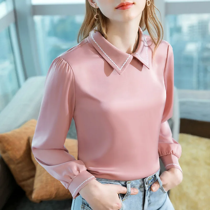 

Chiffon shirt 2021 early spring new women's embroidered Satin Korean long sleeve blouse Lapel temperament elegant top