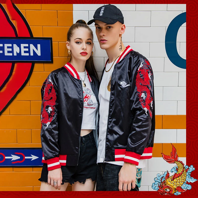 

Куртка-бомбер мужская Свободная в китайском стиле, с вышивкой кои, дракона, на молнии