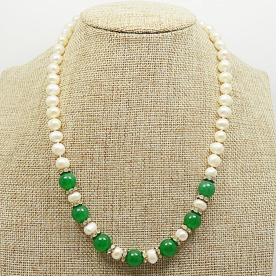 Жемчужное колье под шею 6-7 мм белый подлинный пресноводный жемчуг зеленый нефрит