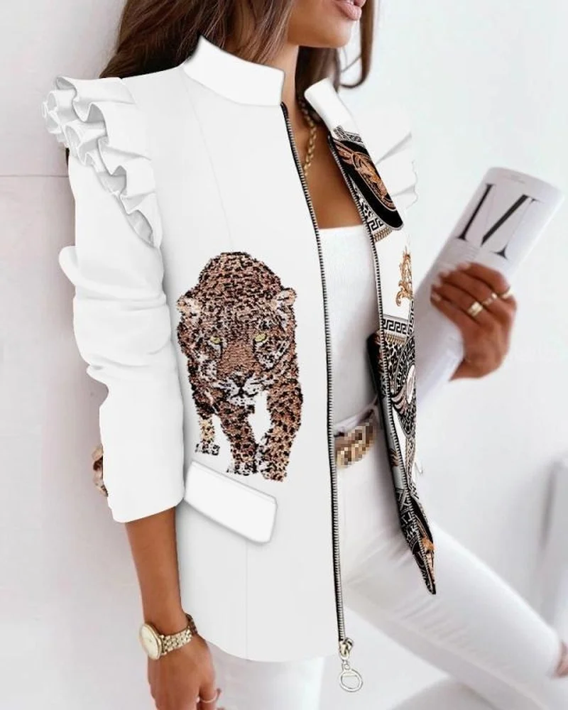 Яркий Блейзер куртка для женщин костюм с леопардовым принтом оборками и длинными