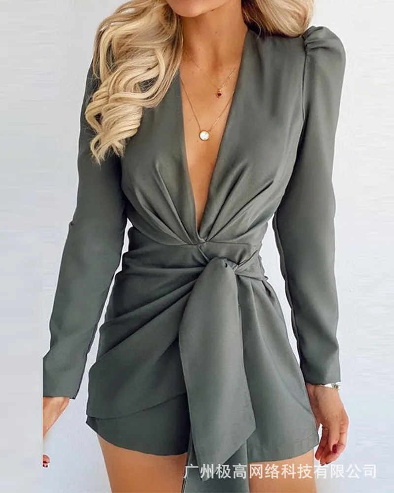 

Новинка 2021, женский осенне-зимний комбинезон с глубоким V-образным вырезом и поясом