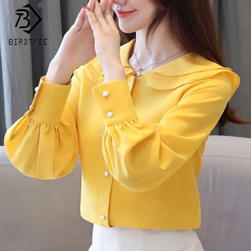 

Шифоновая рубашка для женщин, весна 2020, двухслойная блузка с пышными рукавами, однобортная блузка в Корейском стиле, топы в стиле оверсайз ...