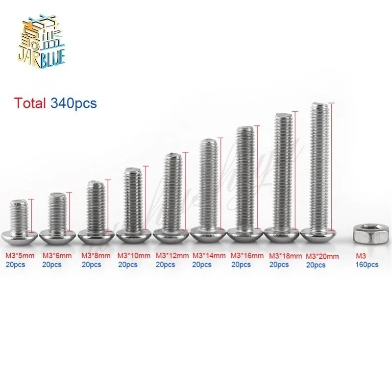 340 шт. ISO7380 M3 головка с шестигранной головкой нарезной болт гайка из нержавеющей