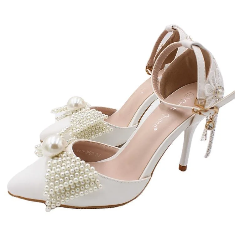 

high-heeled 2021 pointed shoes Large white butterfly women's can wear at