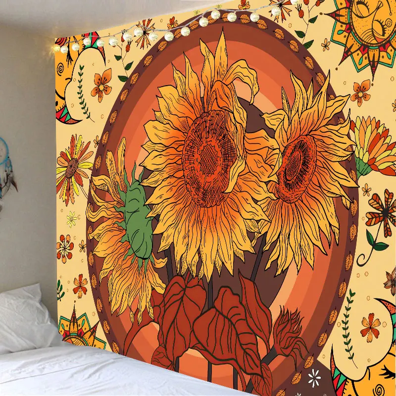 

Sunflower Tapestry Hippie Psychedelic Mandala Sun Moon Bohemian Tapestry For Bedroom Wall Hanging Cloth Background Home Decor