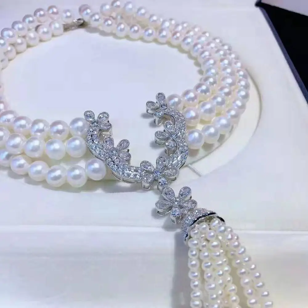 Hand knotted 3strands 8-9mm white freshwater cultured pearl micro inlay zircon accessories necklace long 43-48cm | Украшения и