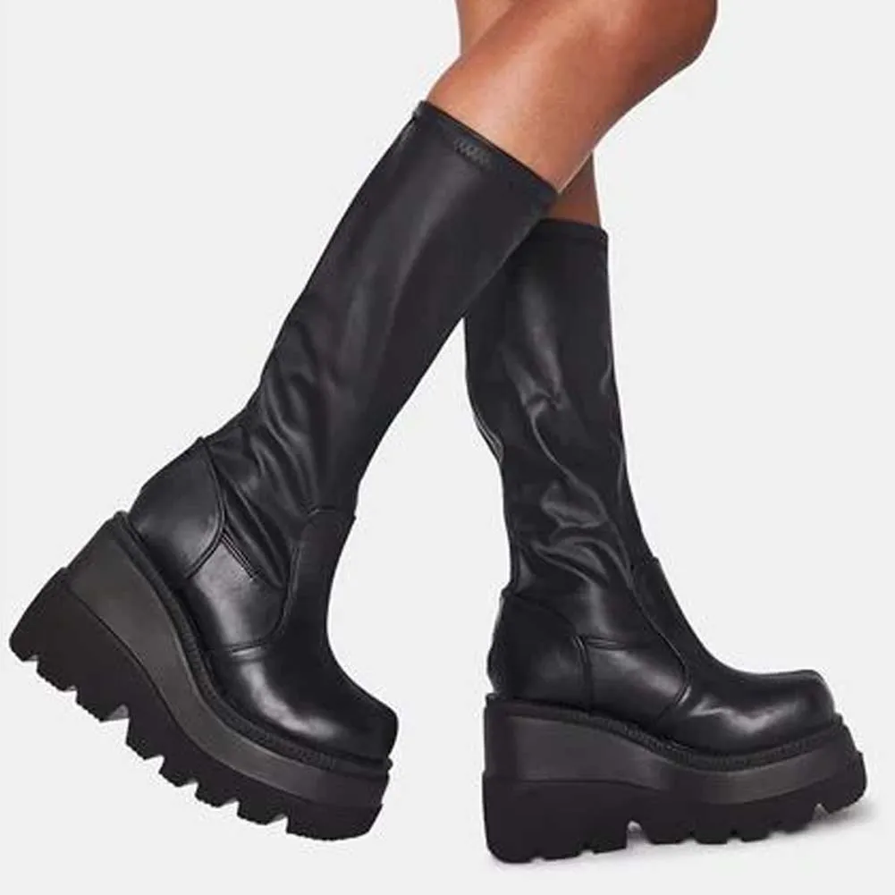 

Shoelaces Wedge High Heels Platform Tide Trendy Cool Autumn Winter Mid-Calf Boots Shoes Women Footwear AD84