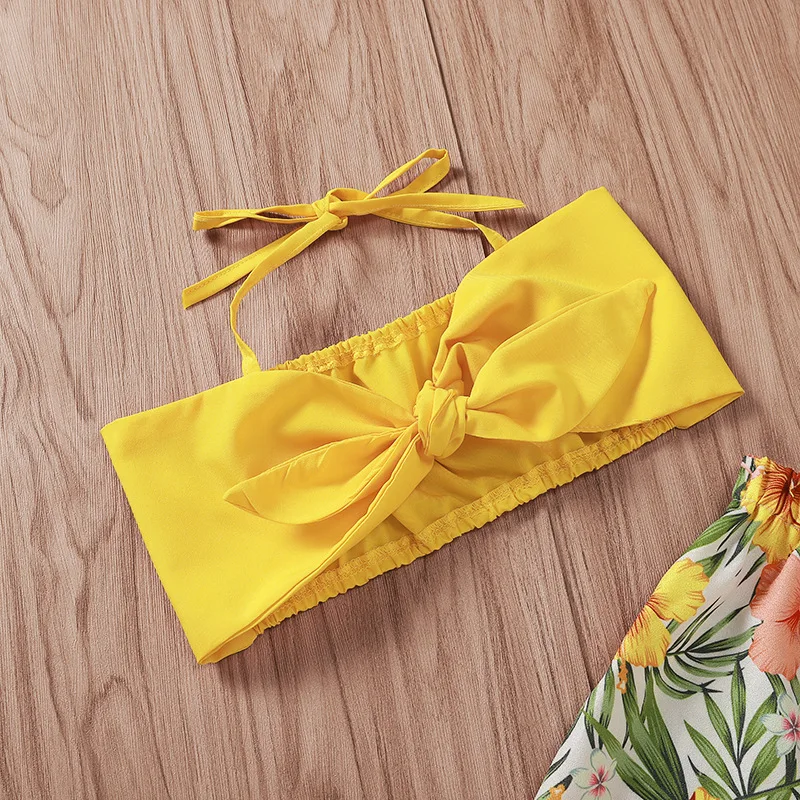 Летний желтый укороченный топ с лямкой на шее для малышей юбка цветочным
