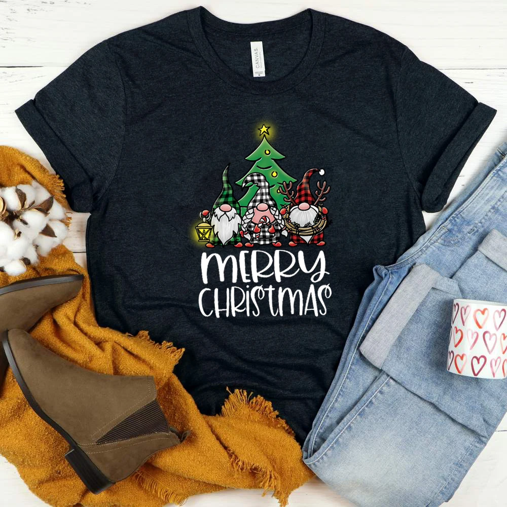 

Рождественская забавная женская футболка с принтом гнома, повседневные футболки с коротким рукавом и круглым вырезом, милые Мультяшные фут...