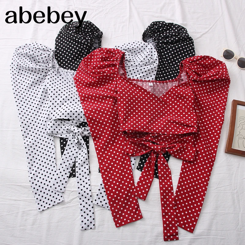 

2021 New Spring Summer Women Fashion All-match Blouse V-neck Puff Long Sleeve Blouse Bow Sashes Lace up Top