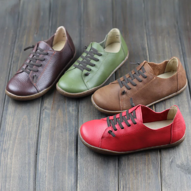 

SWONCO Genuine Leather Loafers Flats Shoes Women Casual Shoes Lace Up Lazy Flats For Women 2020 Spring New Solid Lady Loafers