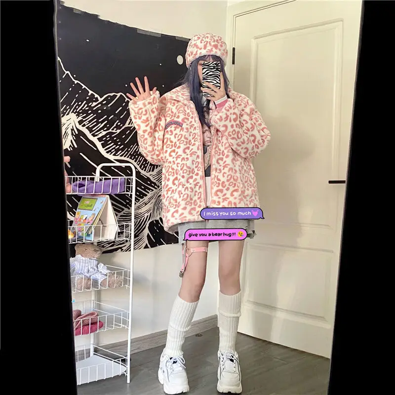

Women Jackets Fashion Chic Pink Leopard High Street College Teens Outwear Harajuku Daily Casual Zipper Popular Lady Overcoat