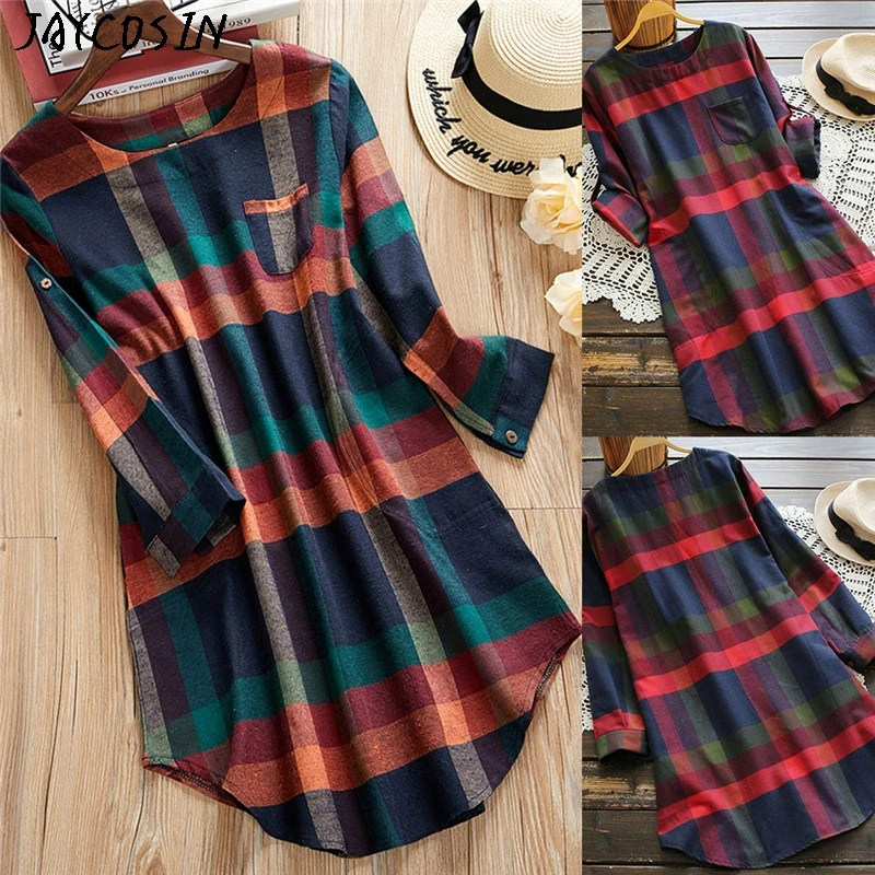 JAYCOSIN New 2019 Pretty Dresses Fashion Women Ladies Plaid Long Sleeve Loose Pocket Swing Vintage Dress Jurk Vestidos Drop 0823 | Женская
