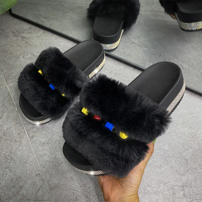 INS/женские шлепанцы на меху со стразами 2020 Женская обувь толстой подошве