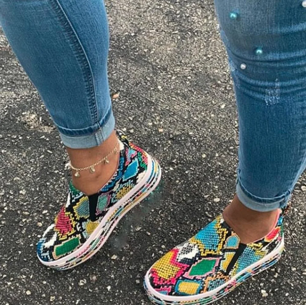 

Snakeskin Casual Shoes Women PU Shoes Flat Shoes Outdoor Wild Fashion Colorful Platform Flat Shoes Slip on Summer Sneaker Shoes