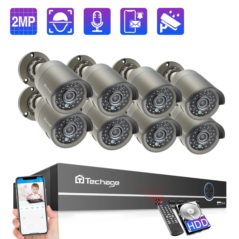 Камера видеонаблюдения Techage 8 каналов 1080P 48 В POE NVR 2 МП аудио IP P2P|Система