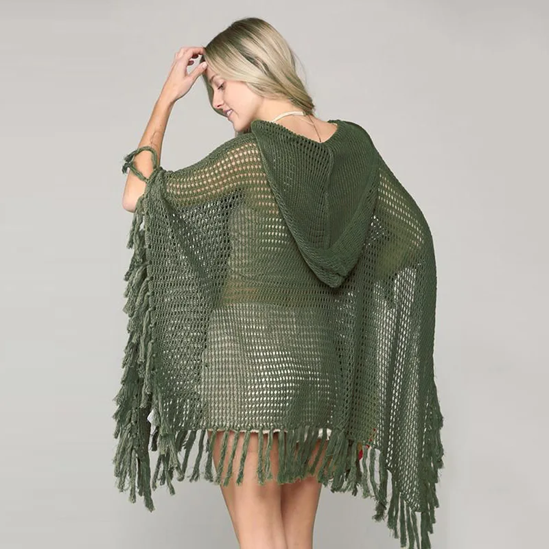 Women's Beach Cover Up Army Green Tassel Knitted Cover Ups Hooded Crochet Sweater Sexy Bikini Mesh Covers Bathing Suit Dress